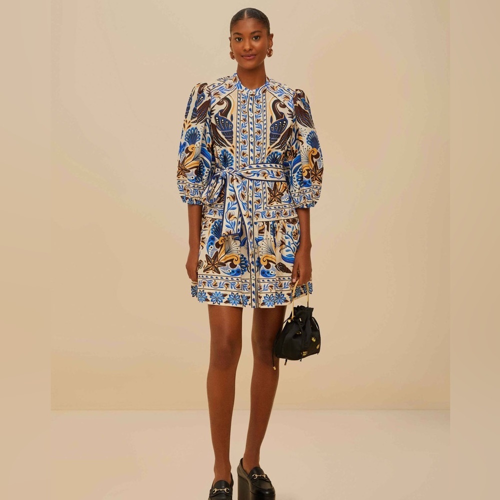 FARM Rio White, Blue & Gold Printed Mini Dress
